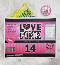 Load image into Gallery viewer, Victoria's secret PINK chip bags/wrappers-pink party favors-victoria's secret birthday-digital-printed-VS party favors-Pink candy table