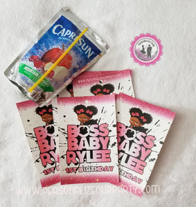 African american boss baby girl juice pouch labels-1 digital file or 1 dozen printed stickers