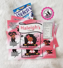 Load image into Gallery viewer, boss baby girl fruit snack wrappers-African American boss baby girl-party bags-digital-printed-boss baby girl treat bags-personalized candy