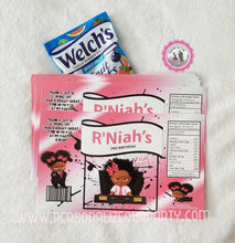 Load image into Gallery viewer, boss baby girl fruit snack wrappers-African American boss baby girl-party bags-digital-printed-boss baby girl treat bags-personalized candy