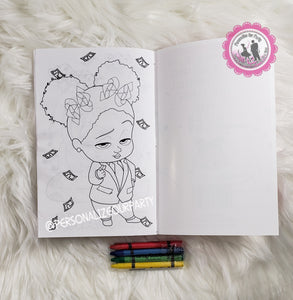 1 dozen African American Boss baby girl inspired coloring books-crayons included with every book