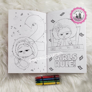 1 dozen African American Boss baby girl inspired coloring books-crayons included with every book