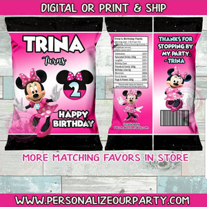 Pink Minnie mouse chip bags / chip bags wrappers-1 digital file or 1 dozen printed wrappers