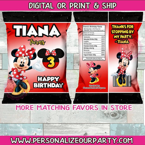 Red Minnie mouse chip bags / chip bag wrappers-1 digital file or 1 dozen printed wrappers