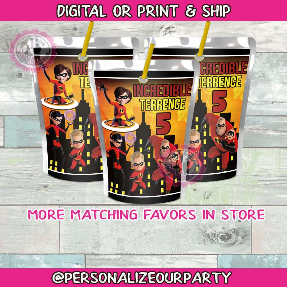 Incredibles 2 inspired juice pouch stickers-1 digital file or 1 dz printed