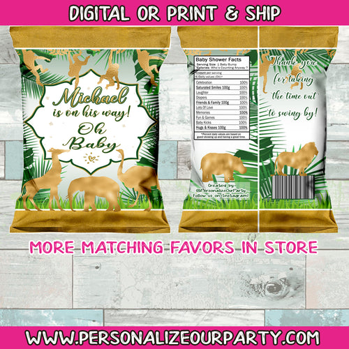Safari  jungle baby shower chip bag/wrappers-1 digital file or 1 dozen printed wrappers