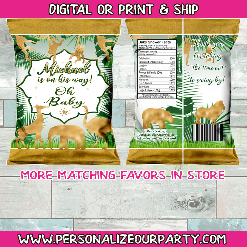 Safari  jungle baby shower chip bag/wrappers-1 digital file or 1 dozen printed wrappers