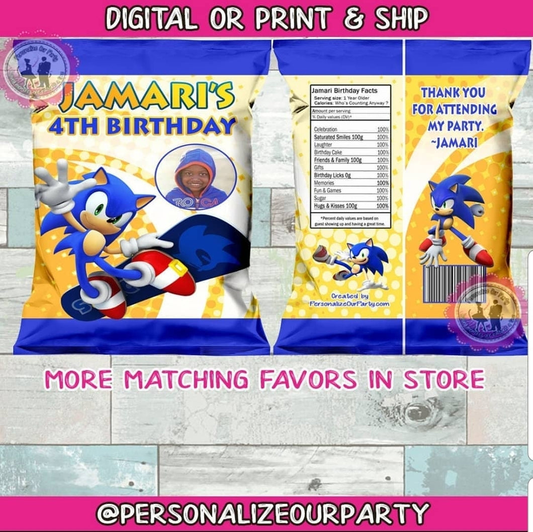 Sonic the hedge hog inspired chip bags/wrappers-digital or 1 dozen printed wrappers