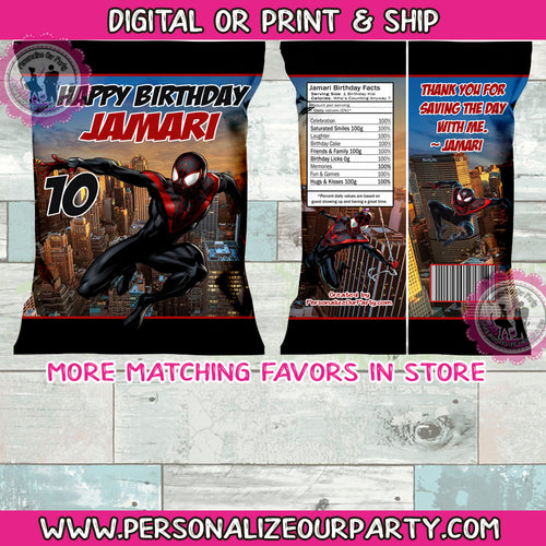 Black Spider man inspired chip bags- 1 digital file or 1 dozen printed wrappers