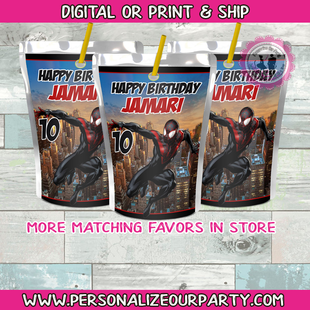 Black spider man juice pouch labels- 1 digital file or 1 dozen printed stickers