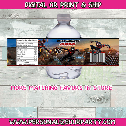 Black Spider man water bottle labels- 1 digital file or 1 dozen printed wrappers