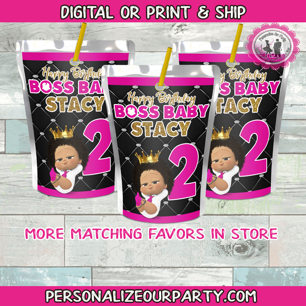 African american boss baby girl juice pouch labels-digital-printed-boss baby girl party favors-capri sun-boss baby girl birthday party favor