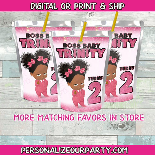 African american boss baby girl juice pouch stickers -1 digital file or 1 dozen printed stickers