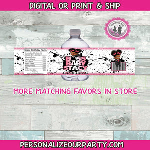 African america boss baby girl water bottle label-digital file or 1 dozen printed wrappers