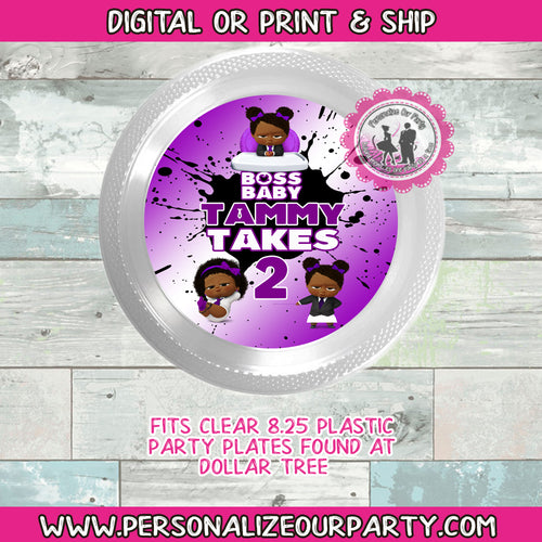 Boss baby girl 8.75in clear party plates/labels-personalized party supplies-boss baby favors-digital-printed-boss baby girl-custom plates