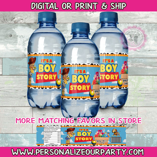 It's a boy story water bottle labels-1 digital file or 1 dozen printed wrappers