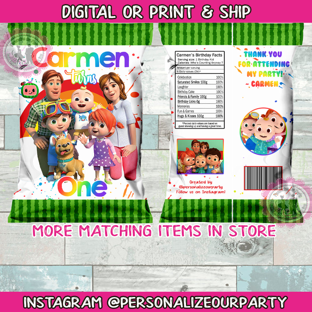 Cocomelon inspired chip bags/wrappers-digital file or 1 dozen printed wrappers