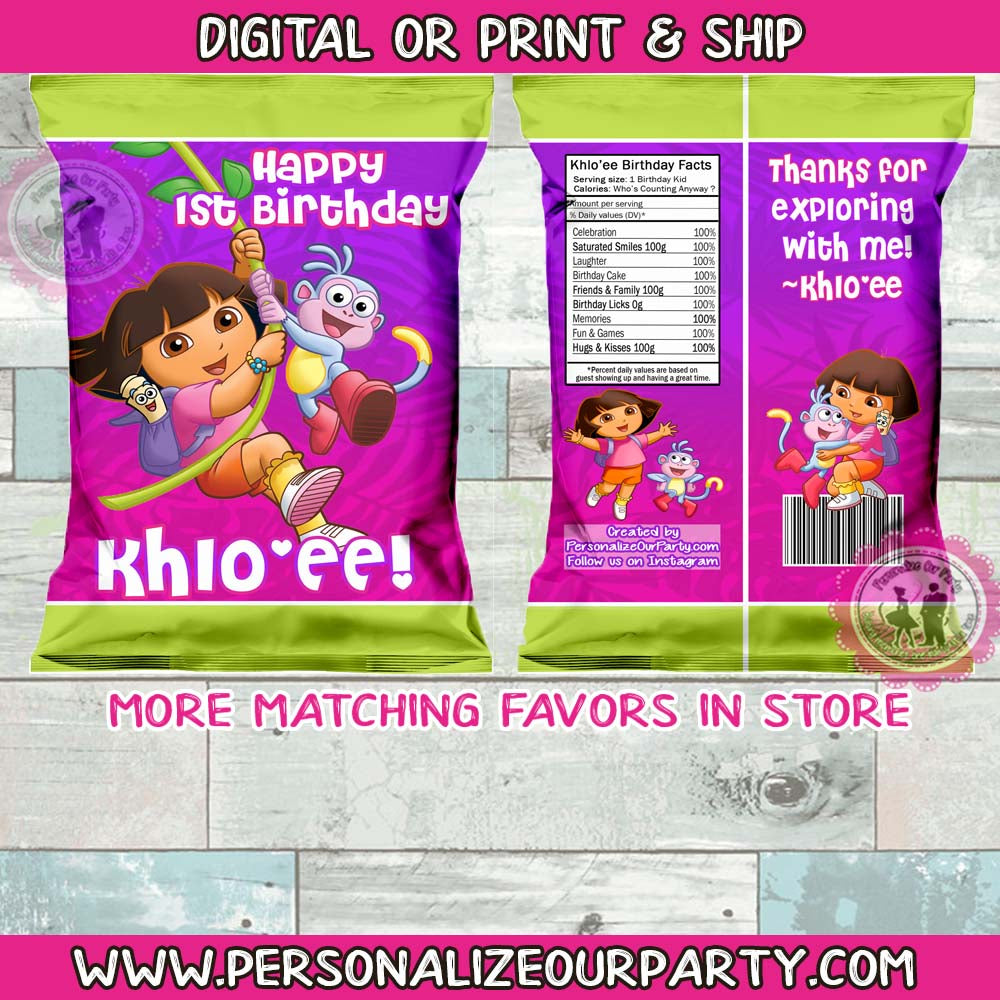Dora the explorer inspired chip bag/wrappers-boss baby boy party favors-digital file or 1 dozen printed wrappers