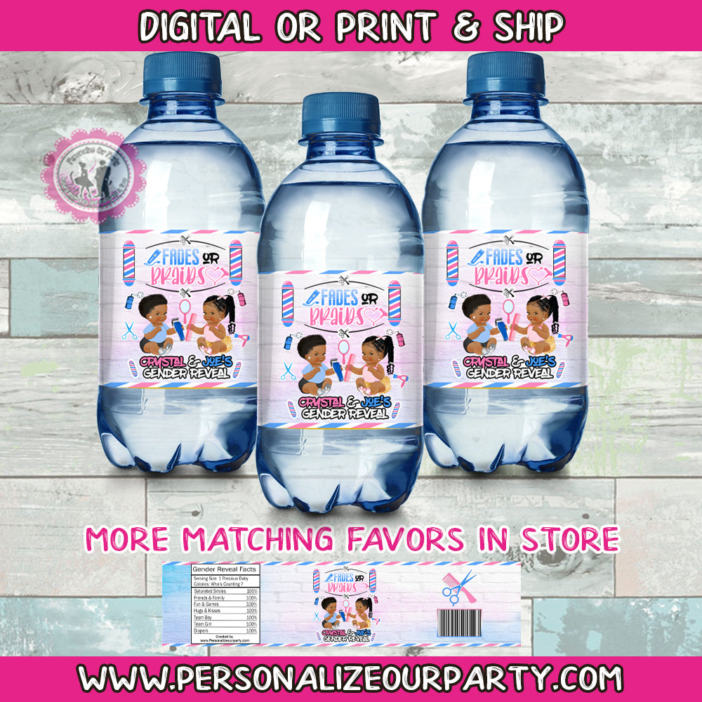 Fades or Braids gender reveal water bottle labels