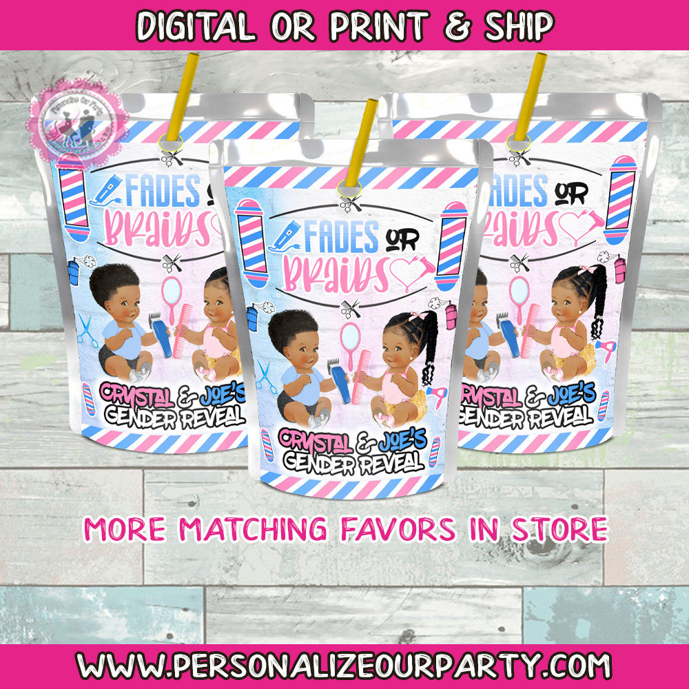 Fades or Braids gender reveal juice pouch stickers