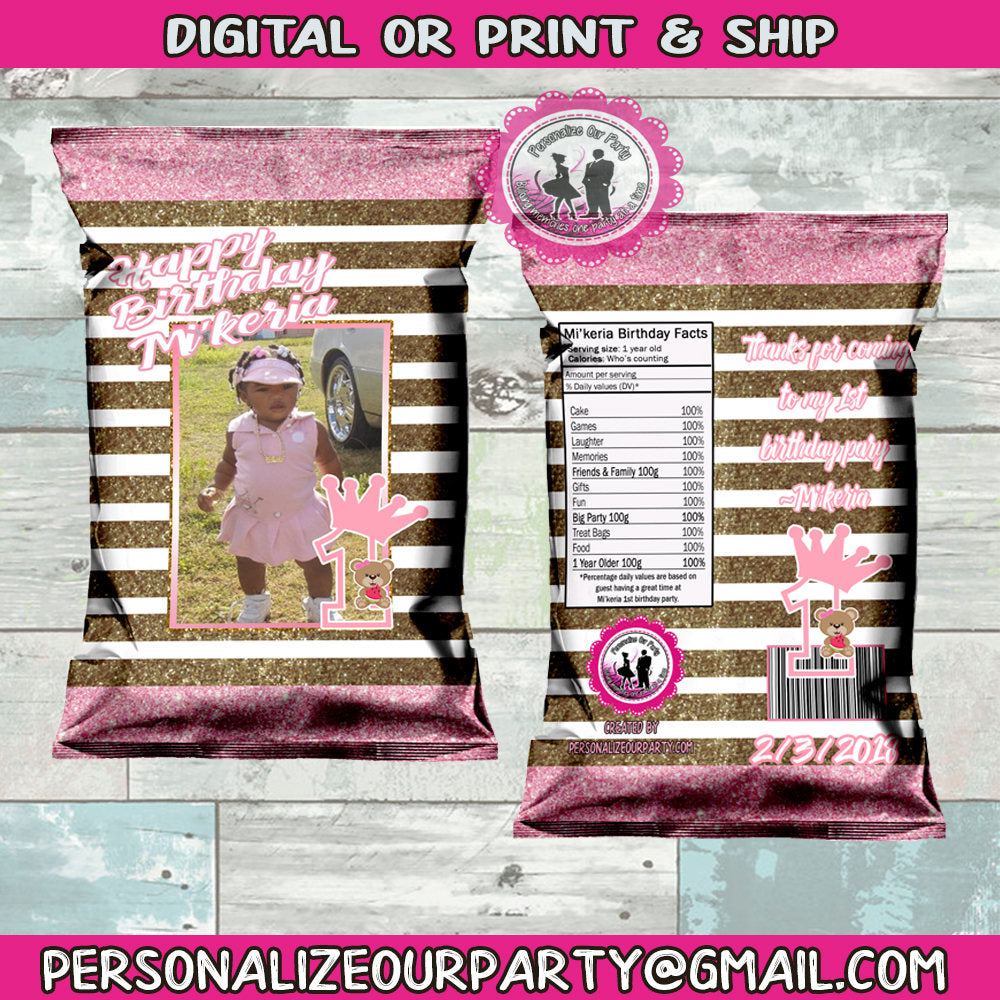 baby girl first birthday personalized chip bag wrappers-digital-printed-first birthday party favors-baby girl party favors-personalized