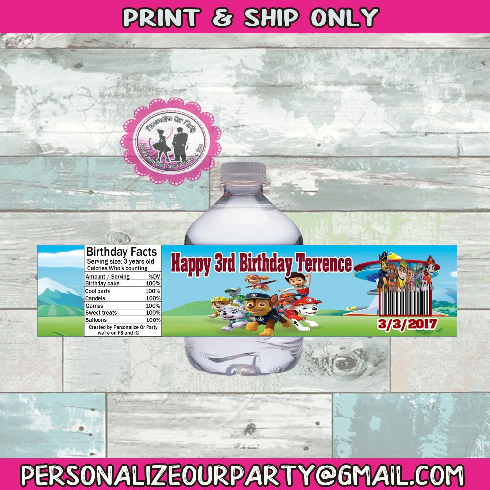paw patrol inspired water bottle labels-digital-printed-bottle labels-paw patrol party-paw patrol party favors-guest party favors-snack bag