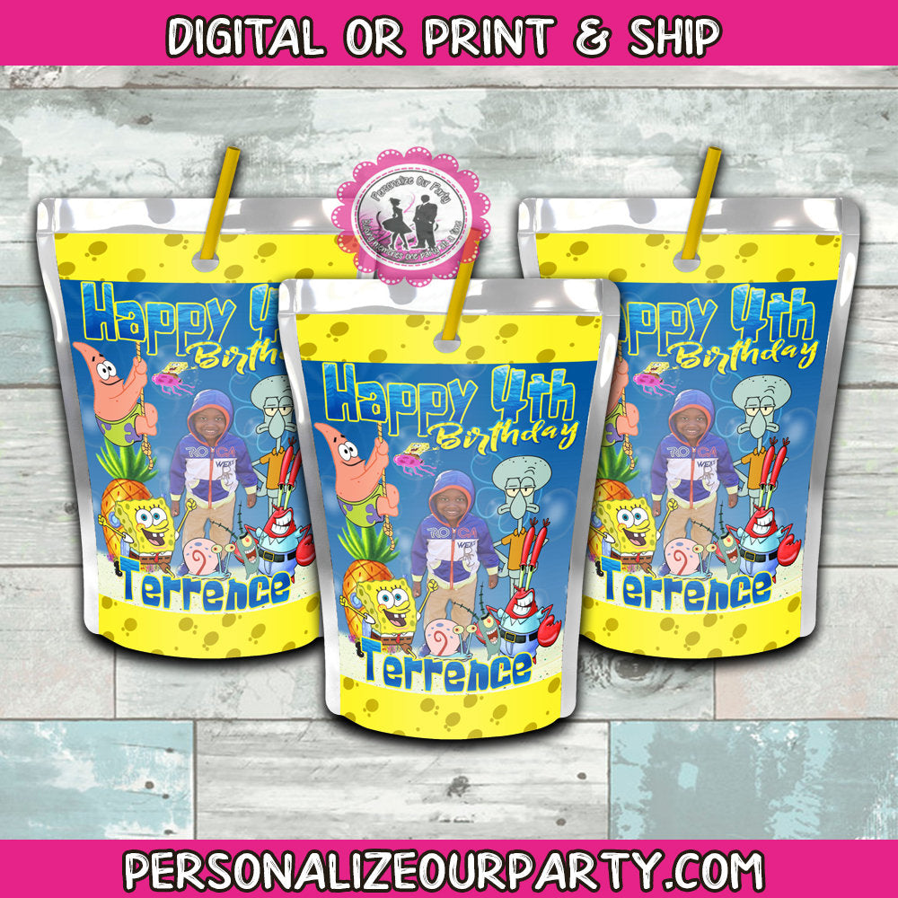 spongebob capri sun stickers-digital-printed-capri sun party favors-sponge bob party decorations-spongebob party favors-personalized party