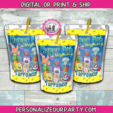 Load image into Gallery viewer, spongebob juice pouch stickers-digital-printed-spongebob party favors-spongebob 1st birthday party-spongebob party favors-personalized party