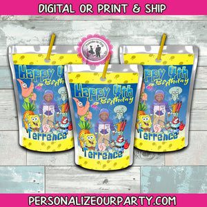 spongebob juice pouch stickers-digital-printed-spongebob party favors-spongebob 1st birthday party-spongebob party favors-personalized party