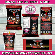 Load image into Gallery viewer, Custom race car digital juice pouch labels-party favors -printed- print -custom design-capri sun labels-candy table favors-cars party favors