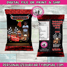 Load image into Gallery viewer, cars custom chip bag wrappers-digital-printed-cars party favors-cars 2-cas 3-race car party favors-cars chip bags-cars birthday-cars treats