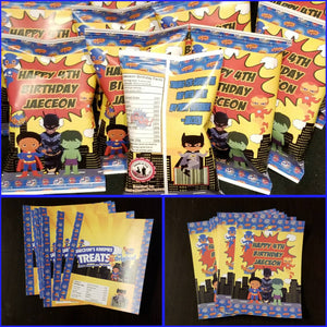 super hero chip bag wrappers-superhero chip bag favors-super hero birthday party favors-personalized chip bag-custom party favors-hero party