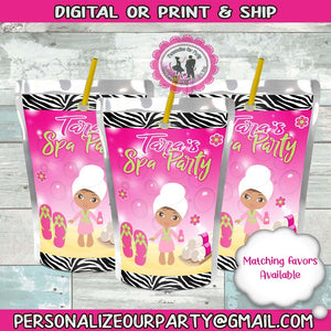 spa party juice pouch labels-digital or printed and shipped-capri sun labels-custom party favors-sleep over party theme-spa party favors