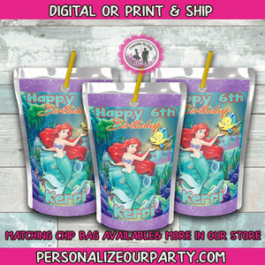 little mermaid inspired juice pouch labels-printed or digital-capri sun labels-mermaid party favors-girls party theme-juice pouch favors