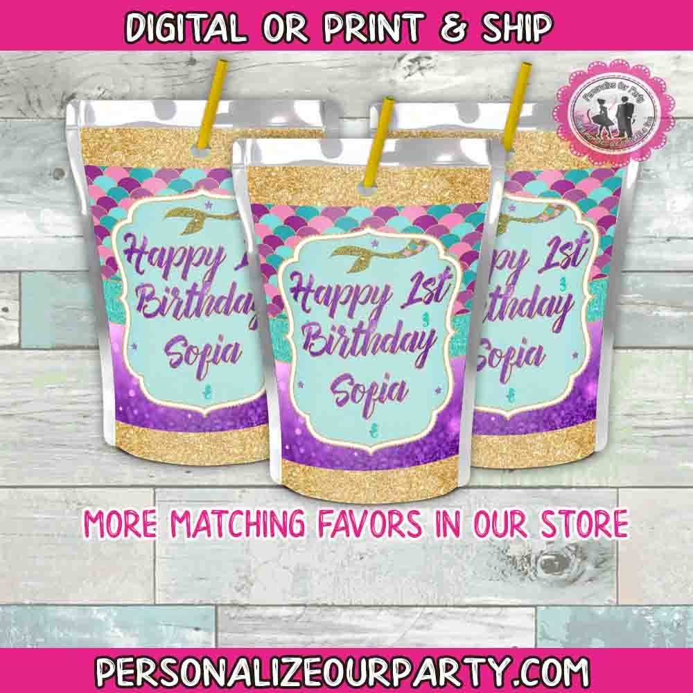 mermaid juice pouch sticker-capri sun wrappers-digital or printed  availiable-custom party favors-digital juice pouch labels-party favors