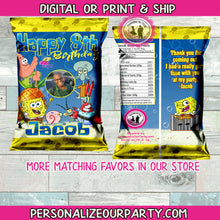 Load image into Gallery viewer, sponge bob square pants chip bag wrappers-digital or printed-spongebob party favors-spongebob personalized favor-sponge bob square pants