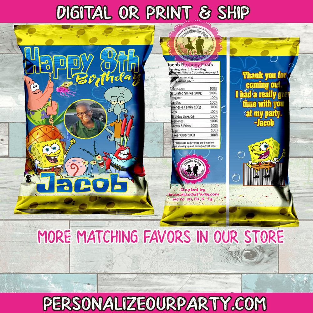 sponge bob square pants chip bag wrappers-digital or printed-spongebob party favors-spongebob personalized favor-sponge bob square pants