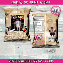 Load image into Gallery viewer, black &amp; gold graduation chip bag/wrappers-digital-print-chip bags-party favors-prom watch party favors-graduation party favors-graduation
