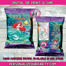 Load image into Gallery viewer, little mermaid personalized chip bag wrappers-digital-printed-treat bag favors-little mermaid party favors-mermaid favors-candy bag favors