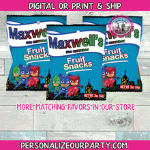 Load image into Gallery viewer, pj mask inspired fruit snack wrappers-digital-printed-pj masks party-pj masks birthday party favors-snack bag favors-treat bag favors-party