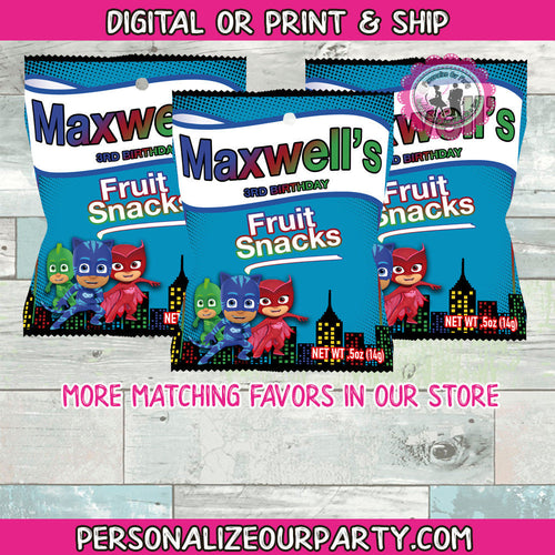 pj mask inspired fruit snack wrappers-digital-printed-pj masks party-pj masks birthday party favors-snack bag favors-treat bag favors-party