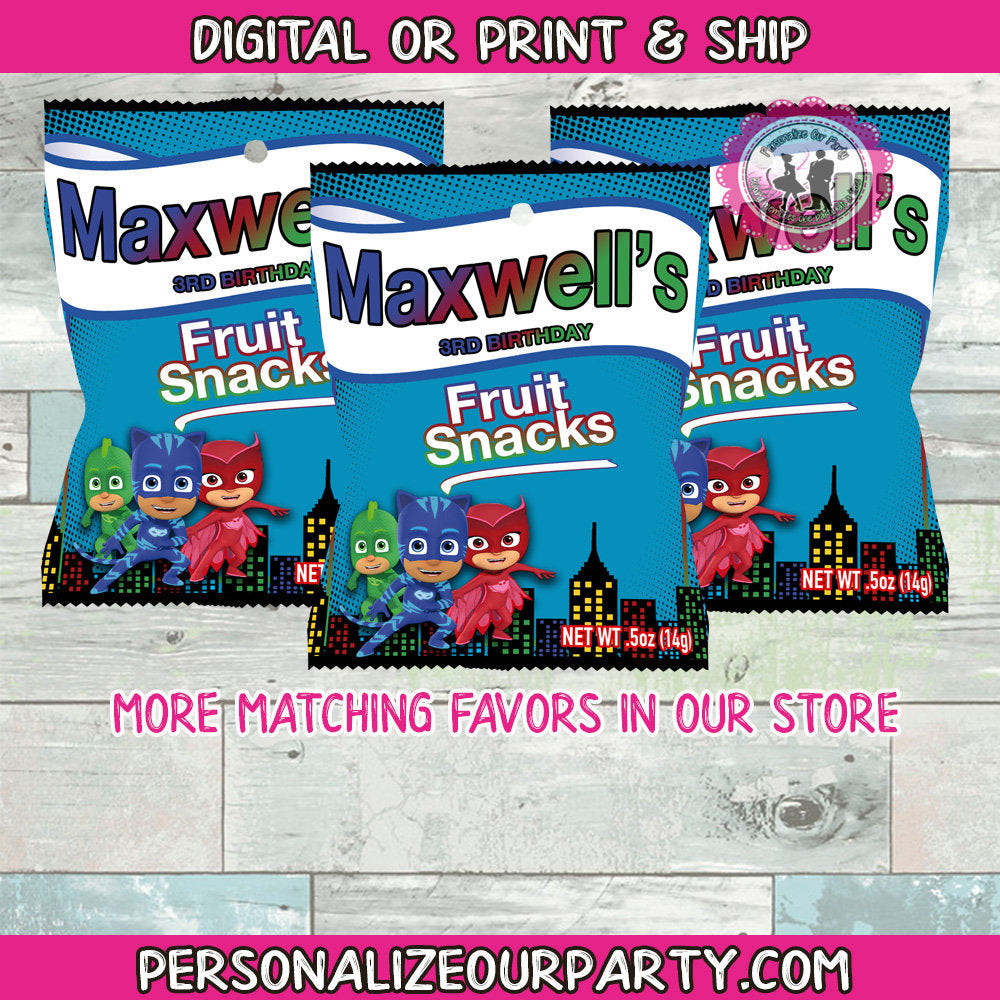 pj mask inspired fruit snack wrappers-digital-printed-pj masks party-pj masks birthday party favors-snack bag favors-treat bag favors-party