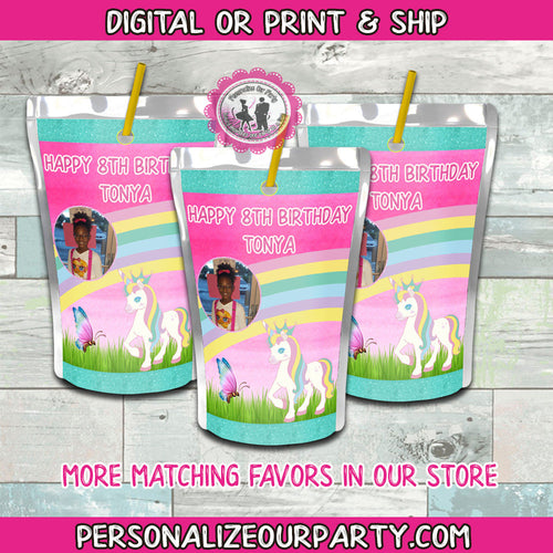 unicorn capri sun labels with photo-unicorn party favors-unicorn party supplies-unicorn capri sun-first birthday party favors-unicorn favors