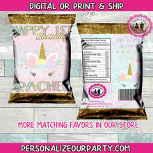 Load image into Gallery viewer, unicorn personalized chip bag wrappers-digital-printed-unicorn birthday party favors-unicorn party-unicorn 1st birthday-unicorn chip bags