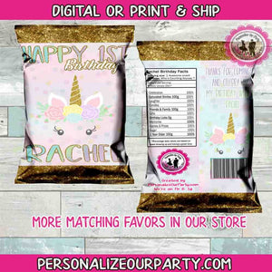 unicorn personalized chip bag wrappers-digital-printed-unicorn birthday party favors-unicorn party-unicorn 1st birthday-unicorn chip bags