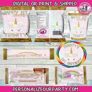 unicorn party favors package-unicorn party supplies-unicorn favors-digital-printed- unicorn 1st birthday-chip bags-airheads-lollipop-reeses