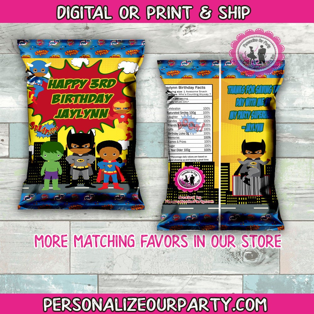 super hero chip bag wrappers-superhero chip bag favors-super hero birthday party favors-personalized chip bag-custom party favors-hero party