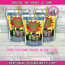 Load image into Gallery viewer, African American super hero juice pouch labels-super hero kids capri sun juice labels-super hero party favors-super hero party-party favors