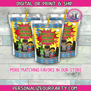 African American super hero juice pouch labels-super hero kids capri sun juice labels-super hero party favors-super hero party-party favors