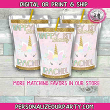 Load image into Gallery viewer, unicorn capri sun label-unicorn first birthday-unicorn party supplies-digital-printed-unicorn party-unicorn birthday party favors